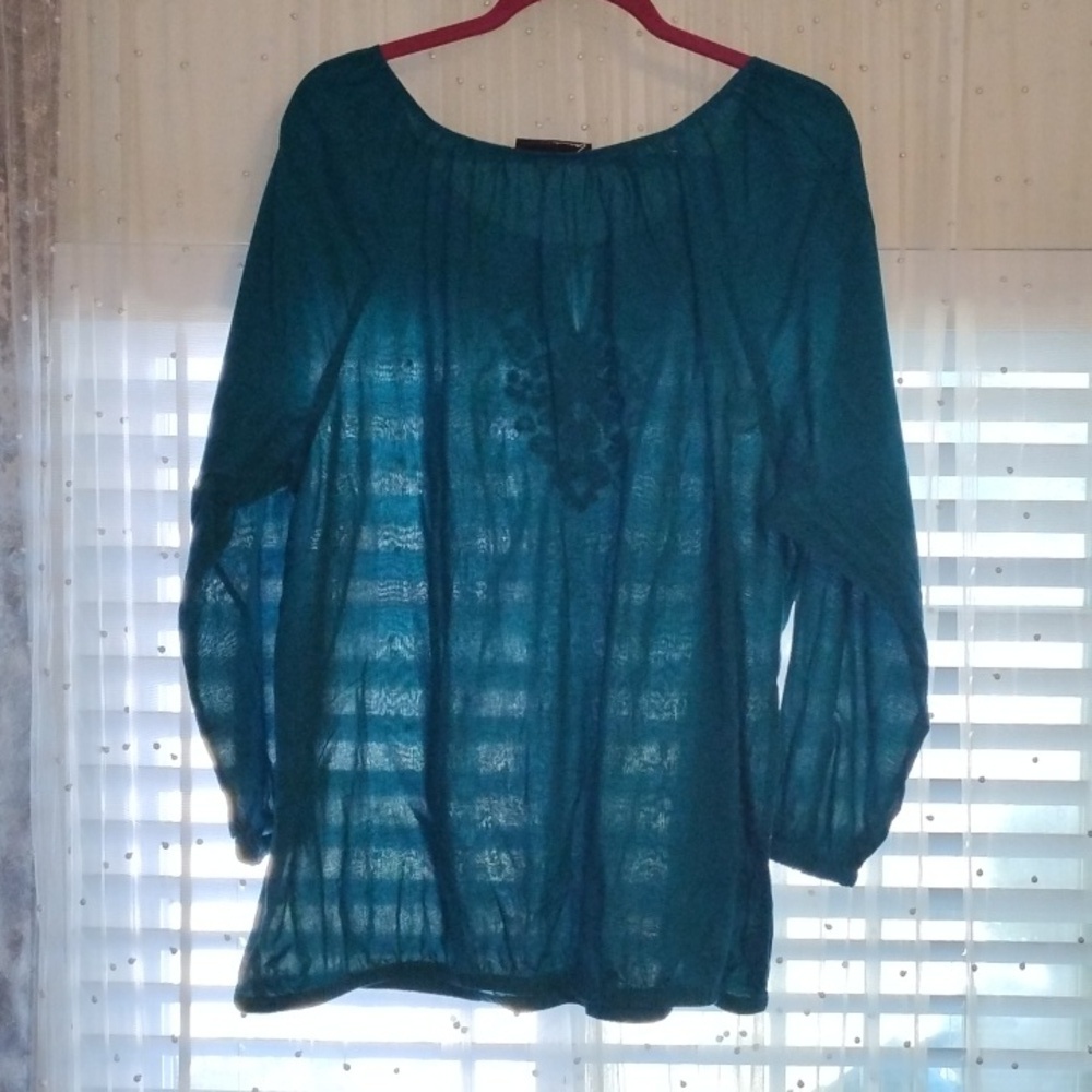 Lane Bryant Woman's Long Sleeve Turquoise Blouse with Crochet Detail - Picture 4 of 7